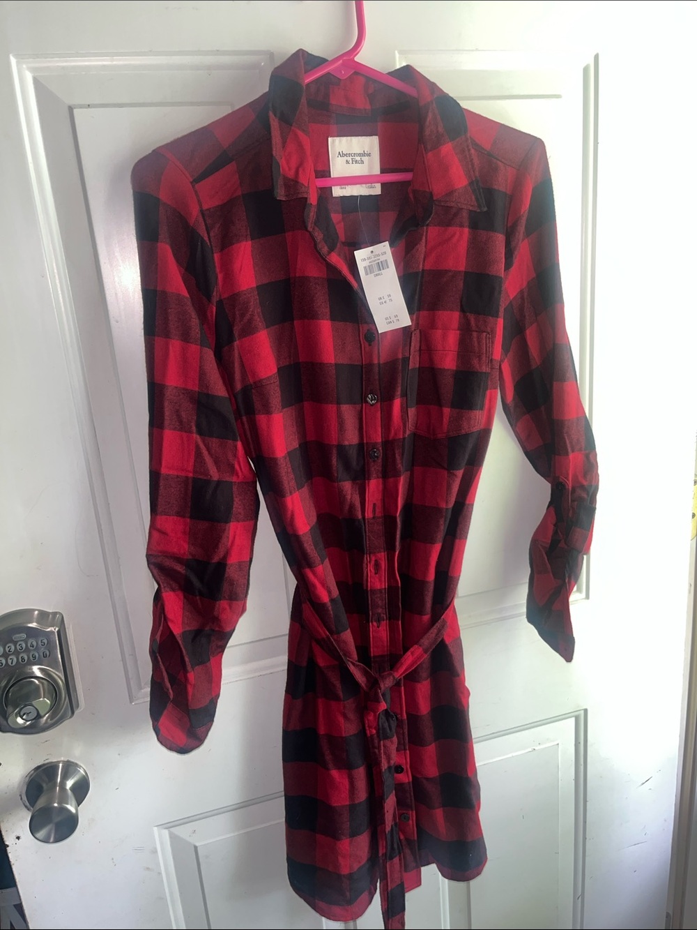 Abercrombie & Fitch Red and Black Buffalo Plaid Shirt Dress with Tie